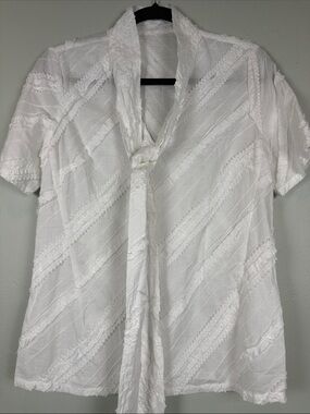 Y2K Romantic White Diagonal Embroidered Ruffles & Neck Tie Feminine Fit Size S?